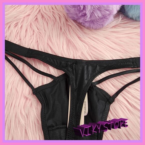 💖 NWT Victoria’s Secret Black Satin Star Rhinestones High Leg Tanga M #7263 💖 - Picture 2 of 8